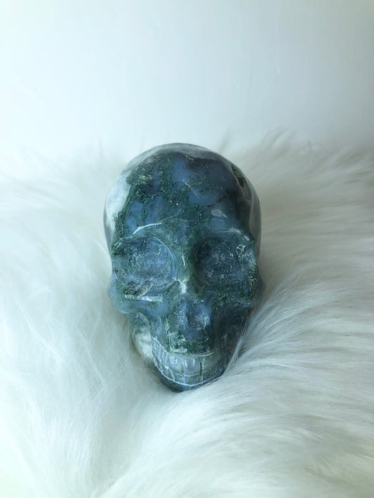 Moss Agate Skull Carving